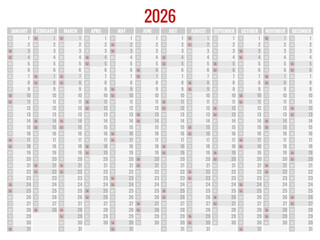 Calendar planner for 2026. 2026 calendar design, set of 12 months. Elegant yearly planner layout for business, corporate documents, reports and modern scheduling systems.