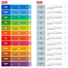 Calendar planner for 2026. 2026 calendar design, set of 12 months. Elegant yearly planner layout for business, corporate documents, reports and modern scheduling systems.
