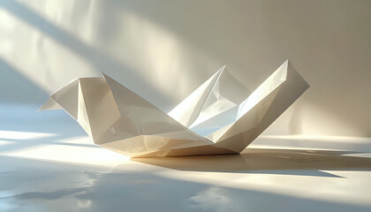 White origami paper boat resting in soft sunlight on calm surface for minimalist art and creative design