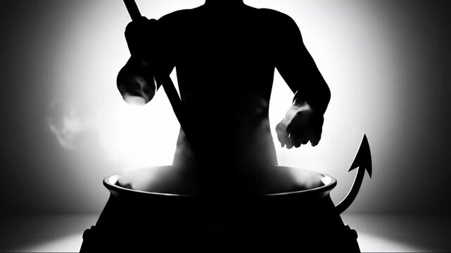 Sinister Devil Silhouette in a Cauldron with a Pitchfork in Darkness.