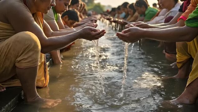 Sacred cleansing ritual: People participate in traditional water ceremony at holy river