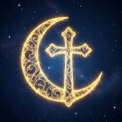 Intricate Glowing Golden Crescent Moon and Ornate Cross Symbolizing Interreligious Unity