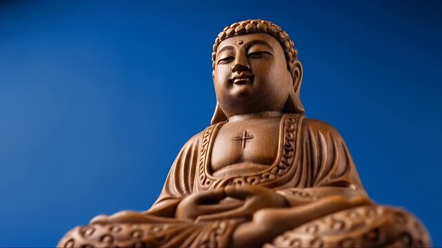 Meditating Buddha Statue Against Blue Background - Serenity and Peace.