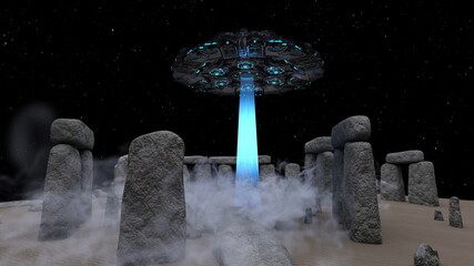 UFOに攻撃される古代遺跡　3DCGレンダリング