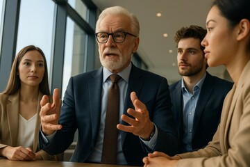 Confident senior businessman leading a meeting with diverse colleagues in a modern office, explaining strategy and sharing leadership experience.