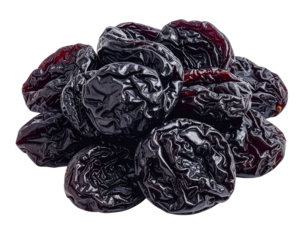 Black dried prunes isolated on transparent background