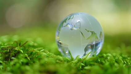 Crystal globe glass on green in forest for sustainability environmental, clean energy, and eco-friendly. Green business. carbon reduction to net zero. Earth Day, and ESG concept.