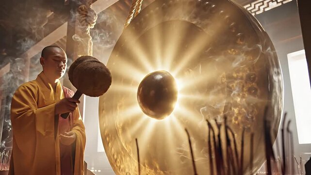 Monk striking a large gong in a temple, creating a resonant sound and spiritual atmosphere.