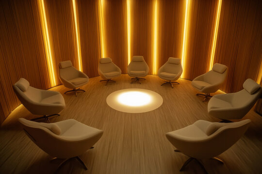 Group hypnosis therapy session in modern clinic with illuminated circle of chairs