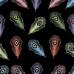 Seamless pattern with colorful feathers on black background. Vector illustration.