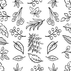 Seamless pattern with hand drawn branches and leaves. Black and white. Vector illustration.