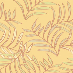 Seamless pattern with with hand drawn  tropical leaves. Vector illustration in retro style.