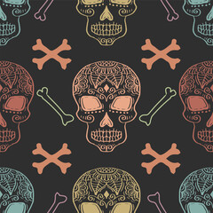 Seamless pattern with sugar skulls and bones. Black background. Vector illustration.