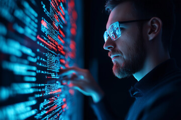 Tech enthusiast explores coding in a vibrant digital world