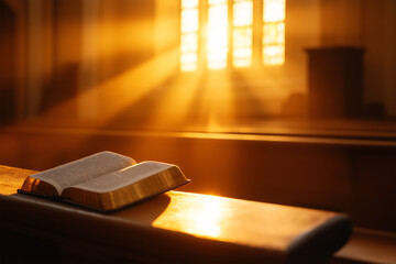 Rays of sunlight illuminate an open Bible in a quiet chapel