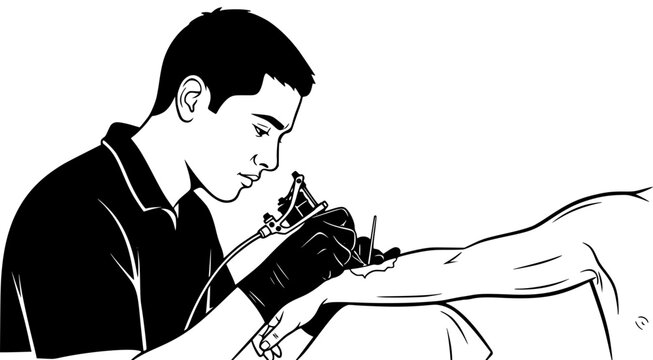 Tattoo artist man working with machine on client arm vector icon
