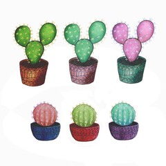 A set of multi-colored cacti made in watercolor on a white background. as an element of your design and as an independent illustration
