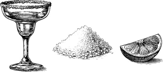 Vintage margarita glass with salt and lime hand-drawn sketch for retro design © Artem