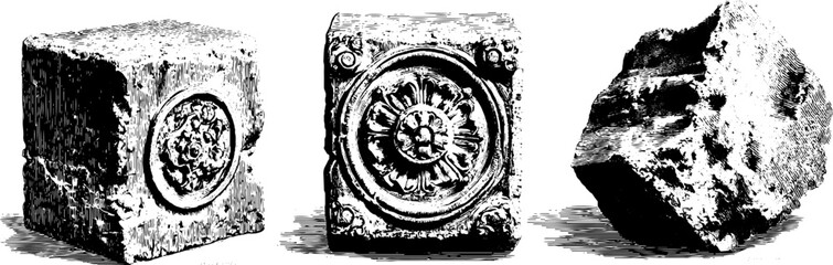 Obraz premium Medieval stone artifacts engravings set - vintage hand-drawn illustrations for historical designs