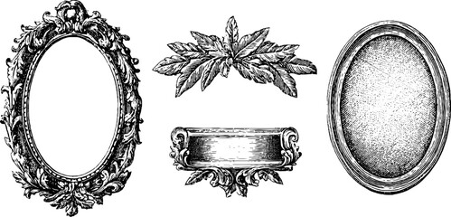 Vintage engraved oval frames and decorative elements set for design
