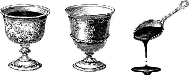 Vintage engraved pudding cup and ladle illustration set for retro design projects