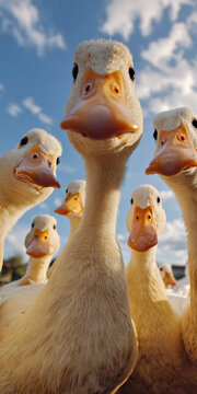 Image of 10 ducks grouped together, looking at camera from above Soft, cream and light brown feathers, natural lighting, outdoor setting sky or reflection, candid style, no human obj - AI-Generated