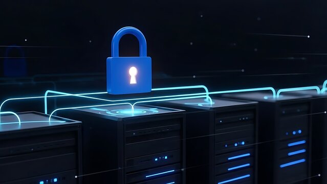 Cybersecurity Blue Padlock Securing Server Racks with Glowing Network Connections security data
