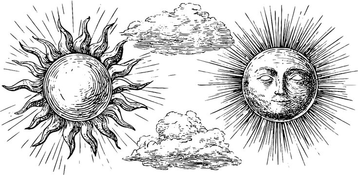 Vintage engraved sun and cloud illustrations with sunburst design for retro art projects