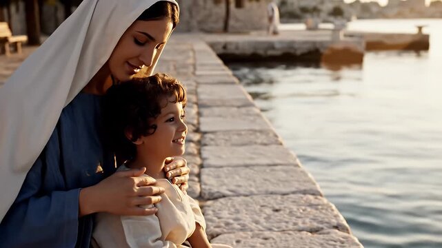 Jesus Christ tying sandals by the sea, a serene religious moment.