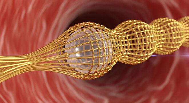 Gold stent deployment process shows stent unfurling and expanding within a blood vessel for medical treatment