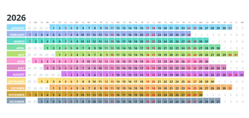 Calendar planner for 2026. 2026 calendar design, set of 12 months. Elegant yearly planner layout for business, corporate documents, reports and modern scheduling systems.