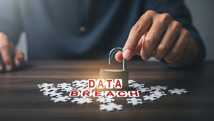 Cybersecurity Hand opening padlock surrounded by scattered jigsaw puzzle pieces and data breach text