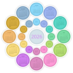 Circular Calendar planner for 2026. 2026 calendar design, set of 12 months. Elegant yearly planner layout for business, corporate documents, reports and modern scheduling systems.