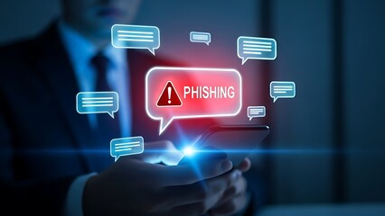 Cybersecurity Phishing Alert on Smartphone with Chat Bubbles and Warning Icon mobile