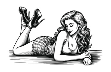 Retro Pin-Up Girl Lying Down High Heels Engraving