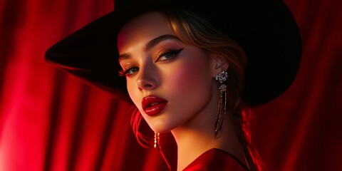 This is a high-resolution photograph of a young woman posing with confidence. She has a strong sense of style, wearing a wide-brimmed black hat and bold red lipstick