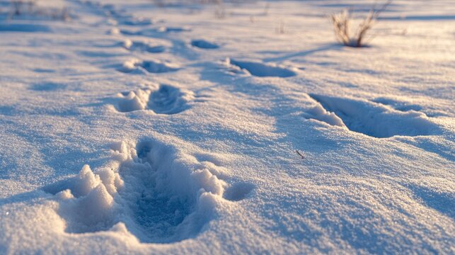 Tiny squirrel footprints are clearly visible in the snow showing the activity of a small animal in a cold outdoor setting