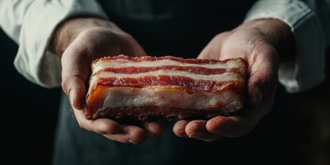 This is a photograph of a chef holding up a plate containing a pork belly dish, which appears to be glazed or cooked in some way, showcasing the food.