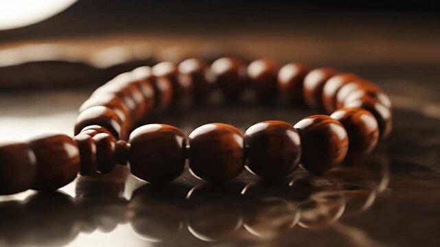 Close-up of a beautiful wooden beaded bracelet reflecting on a surface.