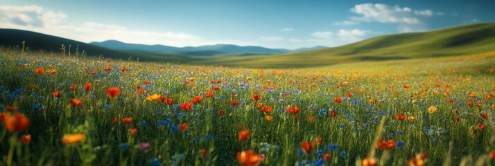 A vibrant field filled with an array of wildflowers under a clear sky.
