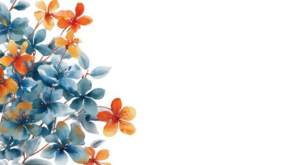 Watercolor floral arrangement features contrasting blue and orange blossoms along the left edge against a white background