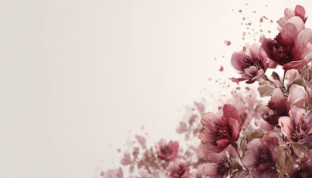 Deep rose colored botanical elements adorn the corner of a soft, light background