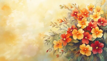 Impressionistic painting depicts a cluster of warm toned blossoms against a softly textured background