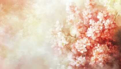 Fototapeta premium Softly rendered pale blossoms fill the right side of a warm, impressionistic background