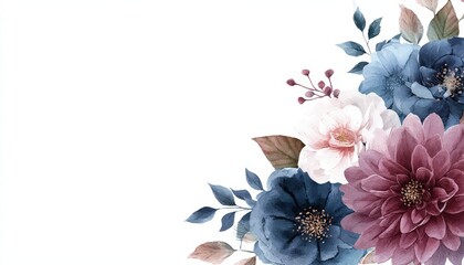 Watercolor floral arrangement features deep indigo, mauve, and soft white blossoms clustered in the corner against a clean white background