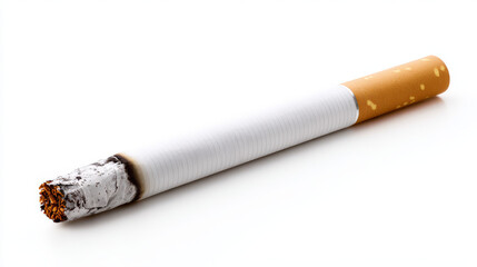 Realistic cigarette with burnt tip and ash on white background