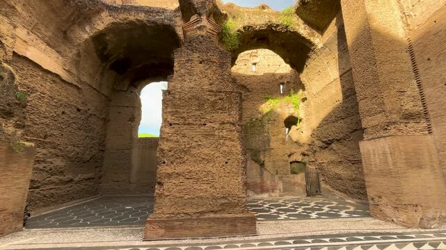 ruines baths caracalla terme rome arched doors columns outgrowing plants them gives structured over to long angle top down view of elevated overview portals 