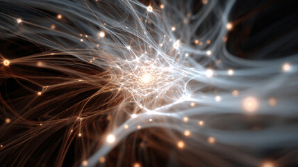 Abstract neural network of glowing fiber optic light trails and interconnected energy nodes representing artificial intelligence technology data transfer global communication and digital connectivity