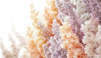 Pastel colored flower blossoms arranged closely together with bright white space on the left