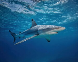 Fototapeta premium Silky Shark Gliding Through Crystal Clear Ocean Waters of Florida: An Underwater Exploration of Blue Reef Life
